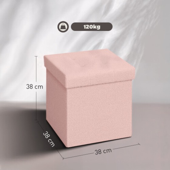 (Pink) HOMCOM Foldable Lambswool Storage Ottoman, 38 x 38 x 38 cm